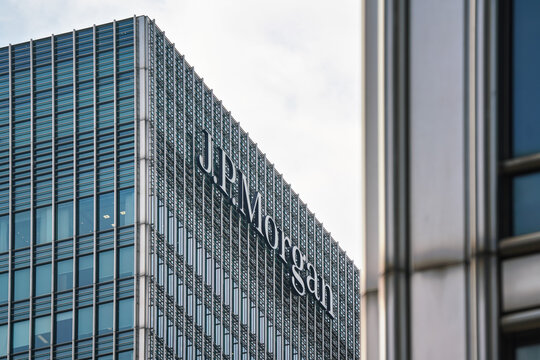London, United Kingdom - May 18, 2023: J P Morgan signage at top of their UK branch at Canary Wharf. JPMorgan Chase is US multinational investment bank founded (originally) 1799