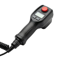 Black handheld device with red button and lcd screen for industrial or technical use on white background with industrial control and technical equipment