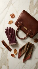 Luxury Fashion Accessories Flatlay Leather Handbag and Gloves Autumn Colors Premium Product Photography