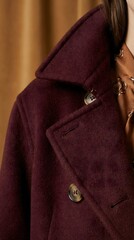 Close-up of a dark red double-breasted wool coat. The image highlights the coat's collar, buttons, and textured fabric