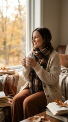 Cozy Autumn Fashion Lifestyle Woman in Chunky Knit Cardigan Warm Hygge Aesthetic Seasonal Style