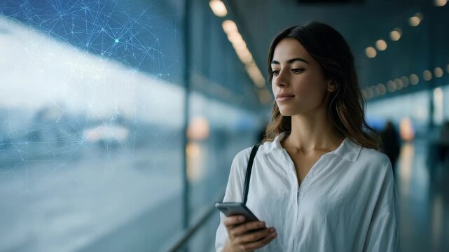 A stylish woman with long hair uses her phone in a contemporary urban setting, surrounded by abstract digital connections. The image conveys innovation, technology, and forward thinking concepts