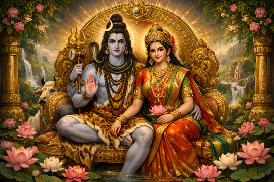Shiva and Parvati Digital Art, Hindu Gods Illustration with Waterfall