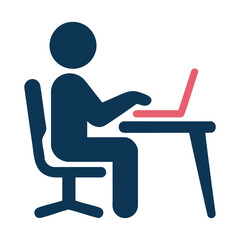 A stylized graphic icon of a person working on a laptop computer at a desk