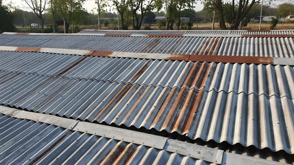 Rusty corrugated metal roofing sheets on an industrial building with weathered edges and outdoor background
