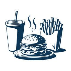 A stylized illustration of a classic fast-food meal featuring a burger, fries, and a drink