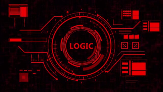 Futuristic Digital HUD Interface with Logic Text Animation,Cybersecurity Interface HUD with Logic Word Center,High-Tech Logic Processing Digital Screen Display