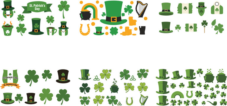 St Patricks Day Green Clovers Hats Pipes and Flags Collection shamrocks
