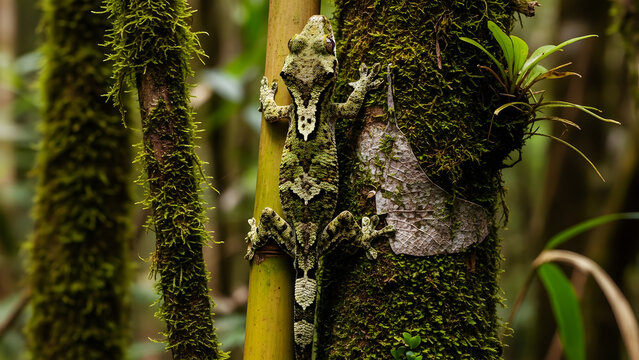 Moss- Covered Tree Trunk with a Camouflaged Leaf- Tailed Gecko Clinging to It leaf-tailed gecko