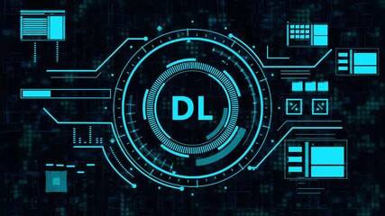 Sleek futuristic HUD interface visualizing deep learning architecture in a glowing cyan digital landscape - 4K motion graphics. - Powered by Adobe