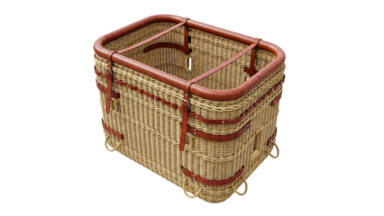 Sturdy wicker hot air balloon basket with brown leather straps and metal buckles for adventurous travel experiences and recreational aviation equipment