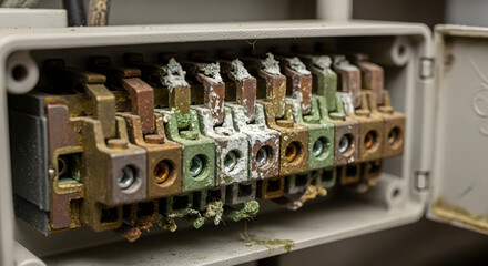 Industrial electrical terminal block in gritty macro style, muted metallic colors, corrosion damage and power distribution component