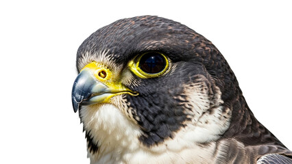 Magnificent peregrine falcon head close up showcasing its sharp predatory gaze and intricate feather details perfect for nature documentaries wildlife conservation and avian study materials