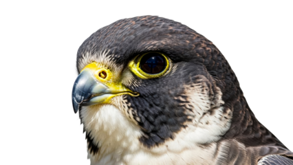 Magnificent peregrine falcon head close up showcasing its sharp predatory gaze and intricate feather details perfect for nature documentaries wildlife conservation and avian study materials