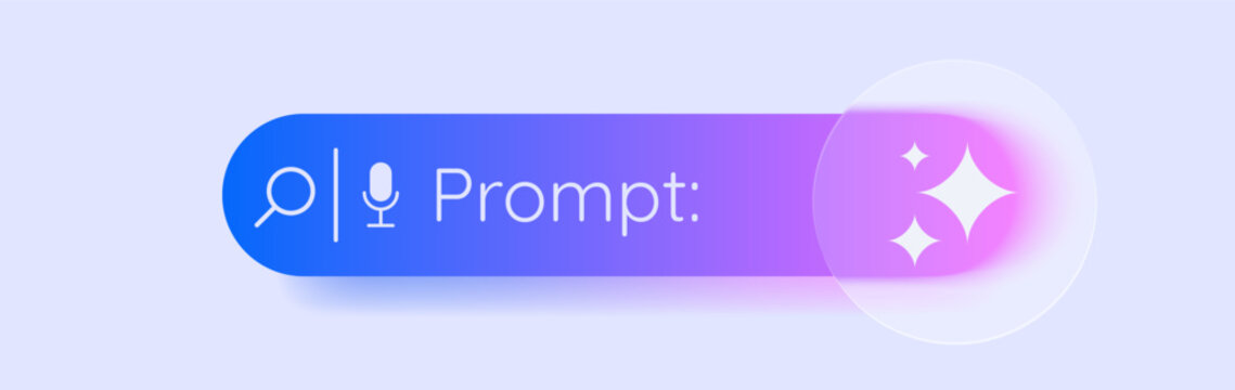 Minimalistic generative AI button. Liquid glass button with abstract generate symbol. Artificial intelligence. User interface element for prompt. Transparent frame in glass morphism style. Vector