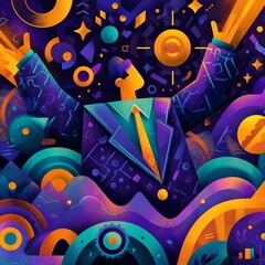 Abstract Man in Suit Celebrating Success with Vibrant Geometric Elements
