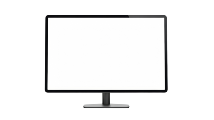 A modern flat panel computer monitor with a blank white screen displayed prominently on a sleek grey stand, perfect for showcasing software interfaces, websites, or digital presentations.