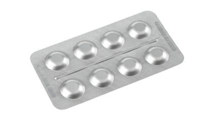 Blister pack with eight shiny silver tablets containing medication for health and wellbeing, ideal for pharmaceutical presentations and medical product displays.