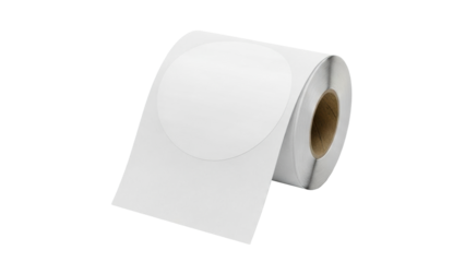 A large roll of blank white circular adhesive labels ready for custom printing and application on products, packaging, and various items for business and personal organization purposes