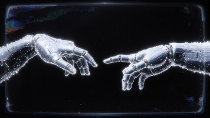 Futuristic robotic hands reaching out to touch with glowing particles in dark space, concept for artificial intelligence connection and digital evolution of machine learning technology