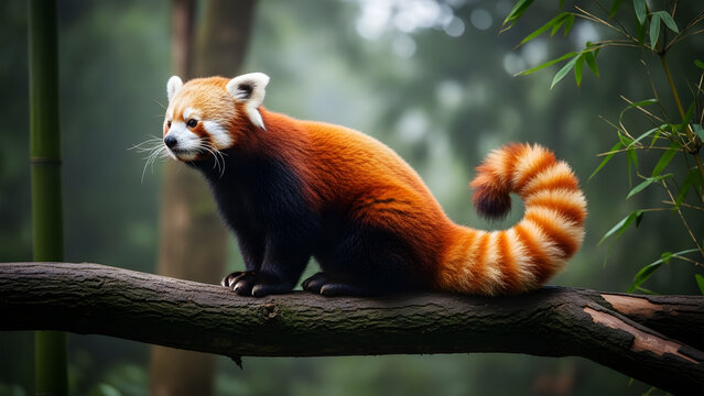 Red Panda Sitting on Tree Branch in Lush Green Forest Background animal wildlife - Powered by Adobe