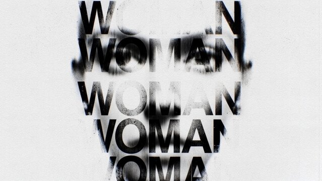 Abstract typographic portrait with repeated stencil text WOMAN forming a face, black spray paint on white wall background, concept of female identity, feminism and gender equality
