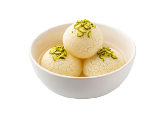 crackled ivory dessert balls with pistachio garnish in a white bowl
