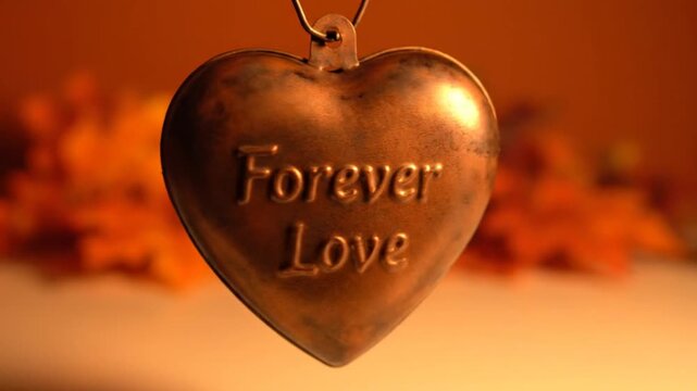 A heart shaped locket with 'Forever Love' engraved hangs on a valentine's day background with flowers.