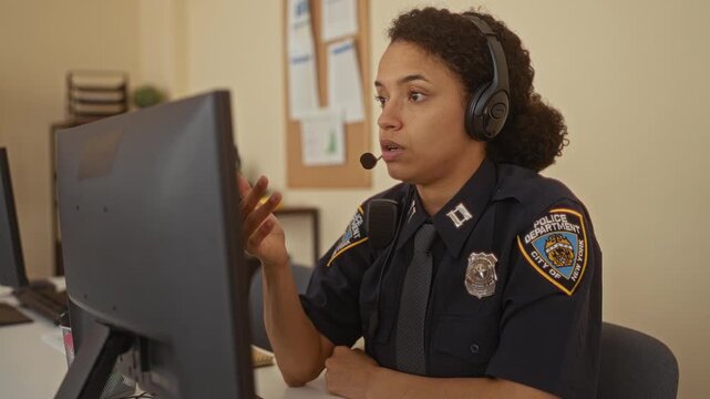Hispanic woman police officer in uniform communicates at a desk in an indoor station, using a headset and computer for efficient task management.