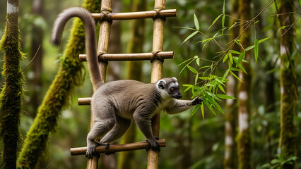 Obraz premium Ring- Tailed Lemur Climbing a Bamboo Ladder in a Mossy Forest ring-tailed lemur primate