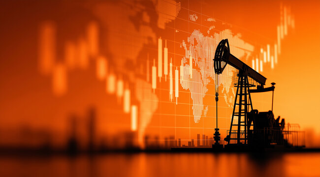 Red oil pumpjack silhouette against an orange background with digital charts and graphs, symbolizing the global energy market