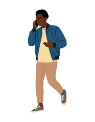 Flat minimalist illustration of a young Black man walking and talking on a smartphone, modern casual outfit, clean lines, transparent background.