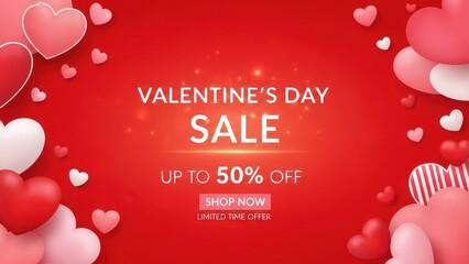 Valentines day sale banner with hearts and up to 50 percent off discount