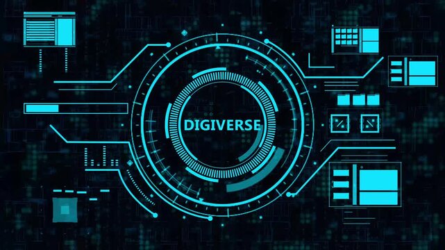 digiverse digital data visualization dashboard for sci-fi video,abstract cyber technology motion background digiverse version,futuristic tech hud interface with digiverse logo animation
