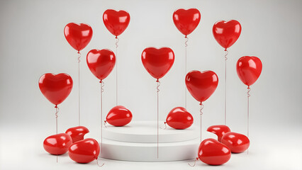 Collection of glossy red heart shaped balloons floating and resting on a simple white display pedestal for romance concepts