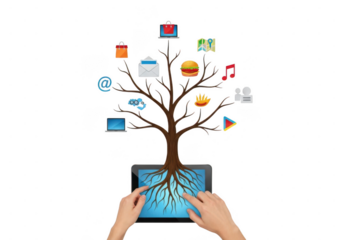 Hands holding a tablet with a tree growing from it, symbolizing digital growth and connectivity with various app icons isolated on transparent background