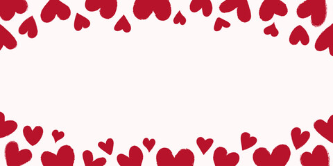 Festive background with red hand drawn hearts. Grunge texture effect and rough edges. Universal template for banner, poster, invitation, label, advertising.