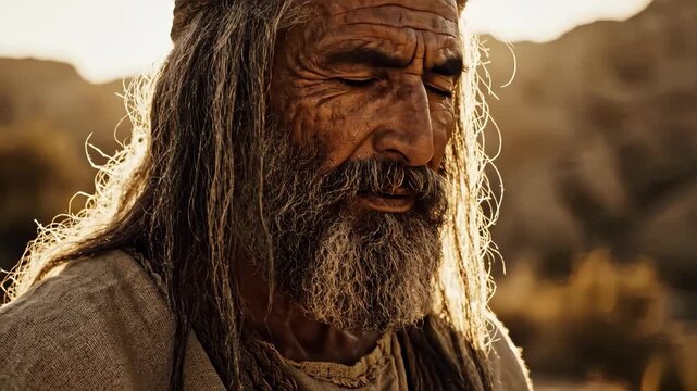 Close-up of an elderly biblical figure praying in the desert at sunset. Ancient man with a long gray beard and eyes closed in deep contemplation. Religious concept
