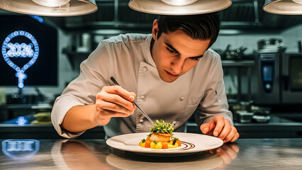 Focused young chef meticulously garnishing a perfectly seared scallop dish with microgreens using precision tweezers in a professional kitchen environment