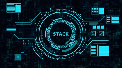 Futuristic holographic HUD interface displaying STACK data visualization on a dark digital grid background - 4K loopable motion graphics - Powered by Adobe