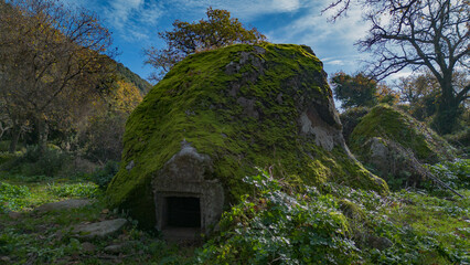Prehistoric nuraghe stone structure rising from green landscape under dramatic sky in Sardinia