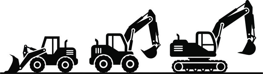 Naklejka premium Wheel loader, a backhoe loader, and a tracked excavator heavy construction equipment vector icon set