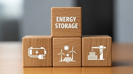 Renewable energy storage concept with wooden blocks and symbols