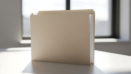 A manila file folder stands upright on a white desk, with papers inside and a window in the background.