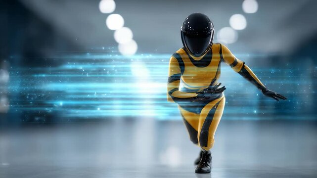 A high tech runner in a sleek suit and helmet dashes with glowing blue streaks, representing futuristic sports and digital progress. The scene conveys motion, power, and modern athleticism