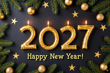 New Year greeting card with golden 2027 figures made from candles.