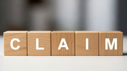 Wooden blocks spelling out CLAIM on a white surface