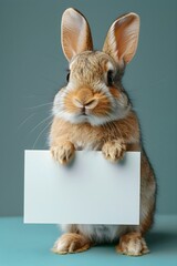 Obraz premium Young rabbit holding white blank placard. Easter bunny with empty board for design or greeting card. Cute baby animal message template.
