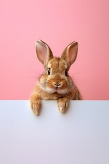 Obraz premium Young rabbit with big white blank placard on pink background. Easter greeting card with copy space for celebration message.