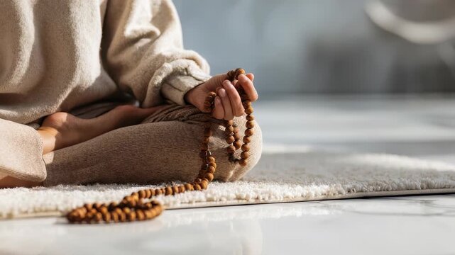 Close up of a person practicing mindfulness meditation with wooden mala beads, creating a calm and spiritual atmosphere. The cozy environment enhances relaxation and inner peace